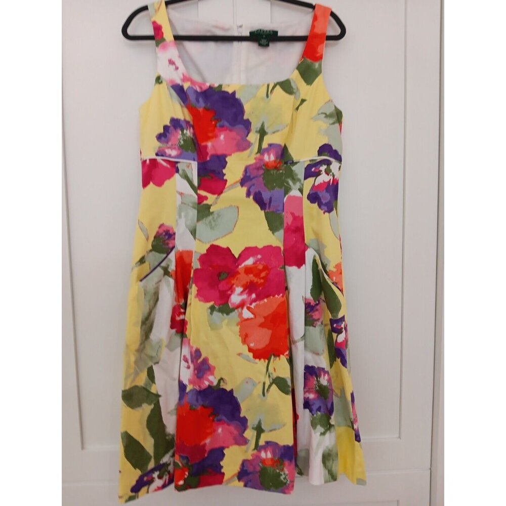 Ralph Lauren‎ 90's Butter Yellow Floral Cottagecore Babydoll  Sleeveless Dress